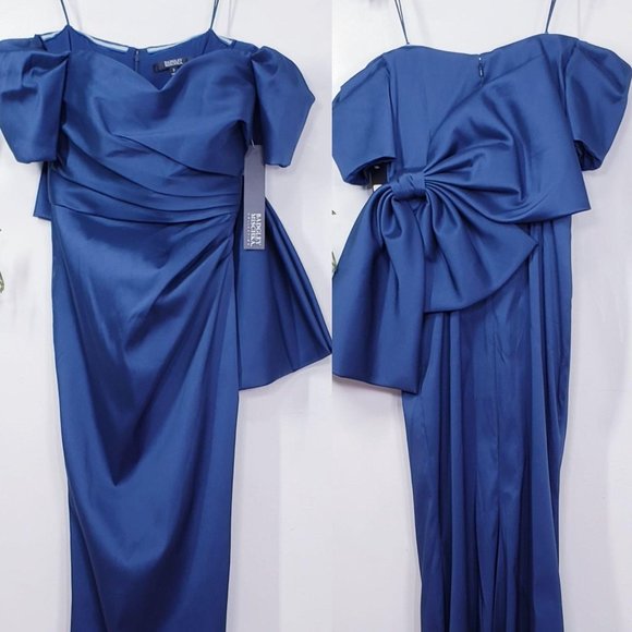 Blue Dress Satin Gown XS BADGLEY MISCHKA 2 Off Shoulder Ruched Formal NWT $895‎ - Picture 9 of 13